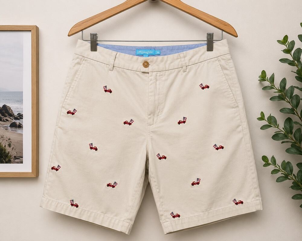 J. McLaughlin Khaki Golf Hole Flag Embroidered Oliver Shorts Mens sz 34